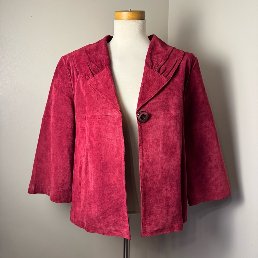 VTG NEIMAN MARCUS Y2K Genuine Suede Leather One Button Swing Coat BURGUNDY / XL